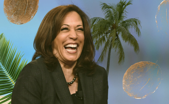 Kamala Harris laughing with coconut trees in the background